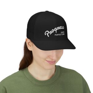 Progress Over Perfection Unisex Trucker Cap | Minimalist Quiet Luxury Streetwear Hat