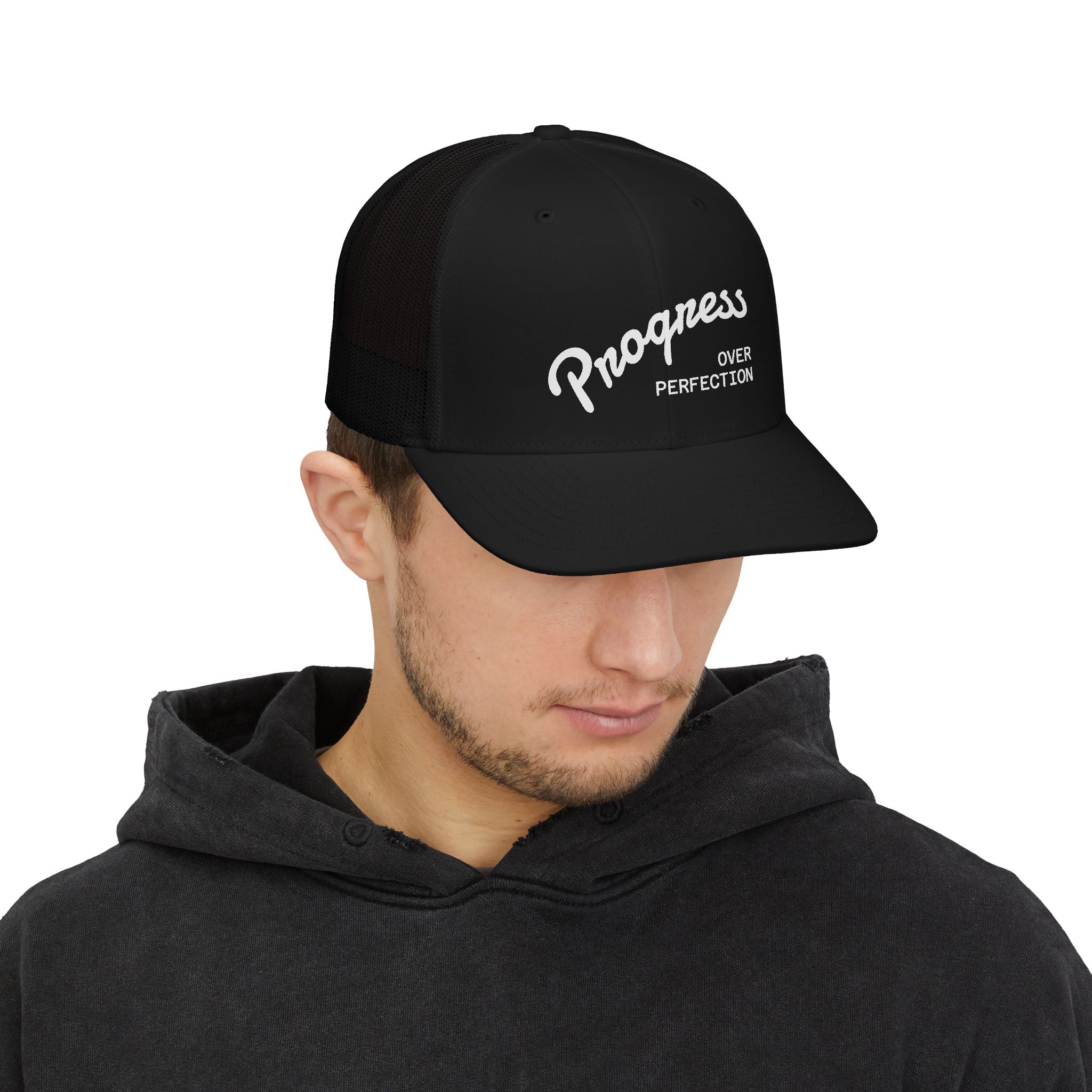 Progress Over Perfection Unisex Trucker Cap | Minimalist Quiet Luxury Streetwear Hat - Image 4