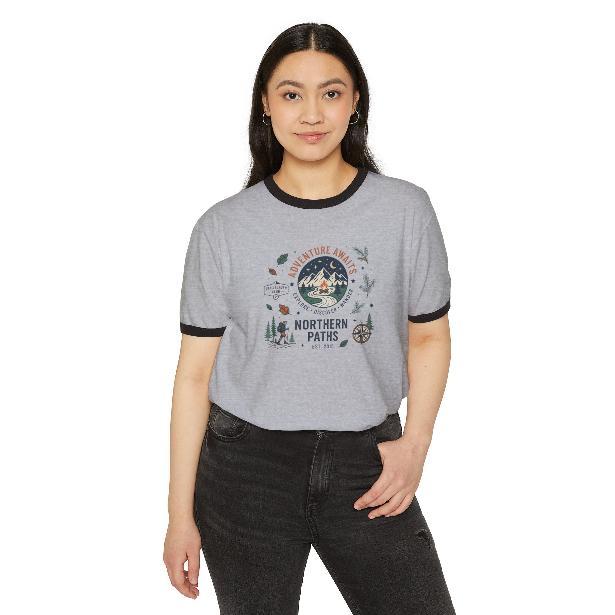 Northern Paths Ringer T‑Shirt — Adventure Awaits Outdoor Graphic Tee