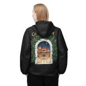 AVENIDA GRANADA BLACK EDITION Scenic Archway Windbreaker Jacket — Crescent Courtyard AOP
